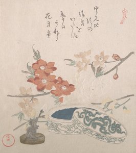 Fiori di pesco, un sigillo e una scatola per sigilli da Kubo Shunman