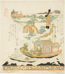 Dispositivo meccanico Takeda (Takeda karakuri): Haku Rakuten (cinese: Bai Juyi) e il pescatore da Kubo Shunman