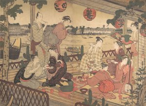 Due giovani uomini e diverse donne che cenano in una casa da tè sulla riva del fiume Sumida da Kubo Shunman