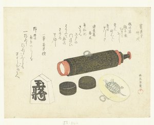 Telescopio, Netsuke e pezzo di Shogi da Kubota Shunman