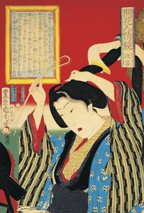 Primo piano di una donna che si guarda allo specchio da Toyohara Kunichika