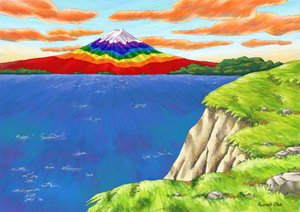 Monte Fuji color arcobaleno sopra la scogliera