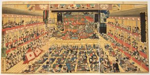 Odori-keiyo Edo-e no Sakae: Interno del teatro con performance di Shibaraku, 1858