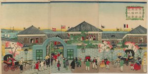 Quadro della prosperità degli stabilimenti mercantili lungo Nakadouri a Yokohama, era Meiji, 1870 da Kuniteru II Utagawa