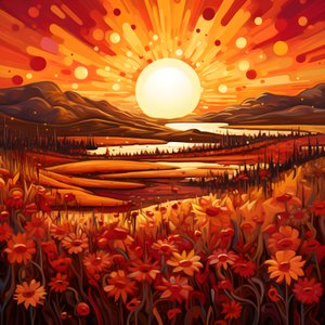 arte paesaggistica astratta con un campo di fiori selvatici e un sole rosso brillante 2