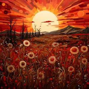 arte paesaggistica astratta con un campo di fiori selvatici e un sole rosso brillante 3