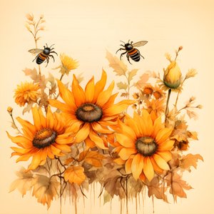 Acquerello girasoli e sagome di api con poesie autunnali scritte a mano 2