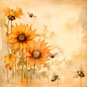 Acquerello girasoli e sagome di api con poesie autunnali scritte a mano 4