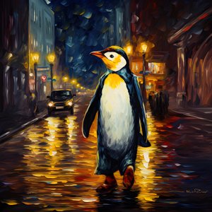 Un pinguino in abito cammina lungo la strada 1