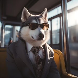 Un cane Siberian Husky in abito e occhiali da sole alla stazione degli autobus, come un gentiluomo 3