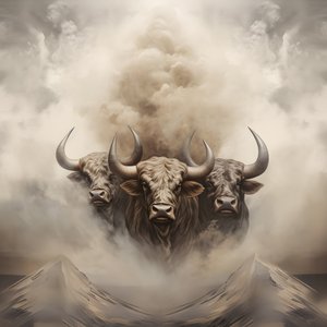 Un quadro astratto frattale, texture fumo beige-bianco. 3 tori neri che emergono dal fumo, con il monte Ararat all