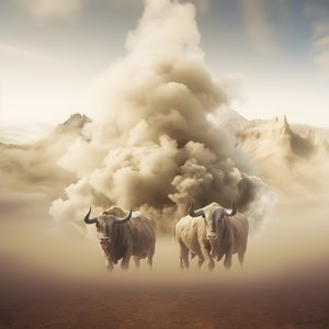 Un quadro astratto frattale, texture fumo beige-bianco. 3 tori neri che emergono dal fumo, con il monte Ararat all