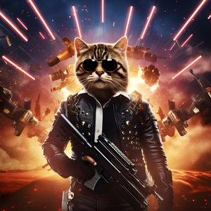 Poster di un gatto con camicia a pois bianca e nera e occhiali da sole lucenti, con esplosioni e cannoni sullo sfondo 2