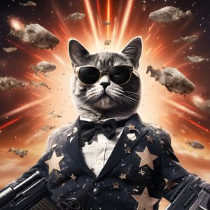 Poster di un gatto con camicia a pois bianca e nera e occhiali da sole lucenti, con esplosioni e cannoni sullo sfondo 4