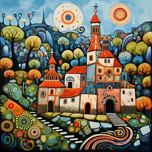 Dipinto di un villaggio bulgaro, chiesa ortodossa da Kurt Heppke