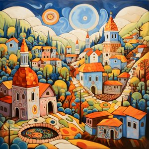 Dipinto di un villaggio bulgaro, chiesa ortodossa da Kurt Heppke