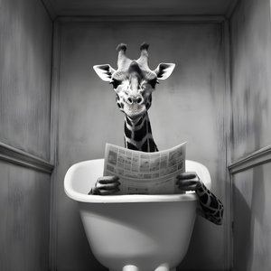Giraffa felice seduta sul gabinetto con giornale 1