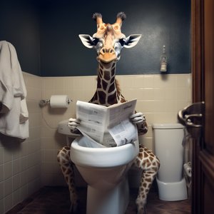 Giraffa felice seduta sul gabinetto con giornale 4