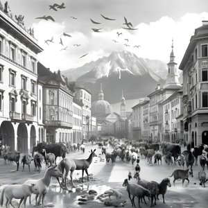 Innsbruck in una vecchia fotografia con zebre eleganti, gabbiani, scimmie e figure di argilla. 2