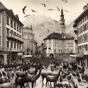 Innsbruck in una vecchia fotografia con zebre eleganti, gabbiani, scimmie e figure di argilla. 4
