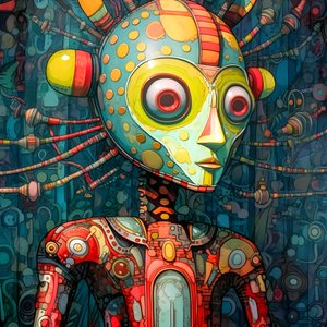 Carnevale Cajun Mutante della Palude Sci-Fi Droide, nello stile artistico di Tim Burton e Beksinski 2