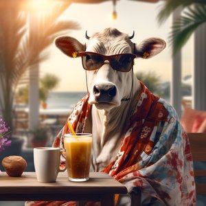 Mucca con occhiali da sole che guarda un caffè freddo 2