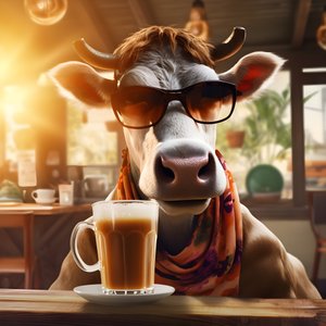 Mucca con occhiali da sole che guarda un caffè freddo 4