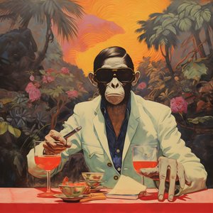 Primo piano di una scimmia cool in un kimono giapponese, con occhiali da sole, in un paesaggio tropicale 1