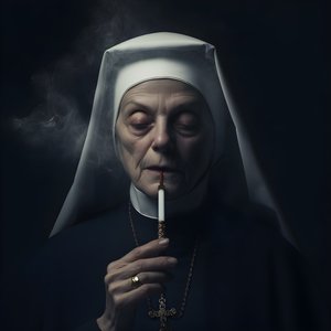 Suora con collana di diamanti fuma un sigaro 1