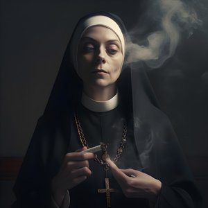 Suora con collana di diamanti fuma un sigaro 2