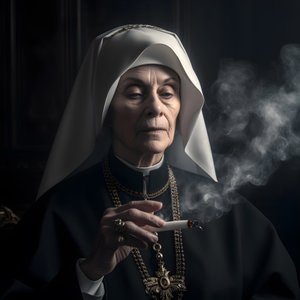 Suora con collana di diamanti fuma un sigaro 3