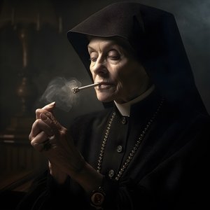 Suora con collana di diamanti fuma un sigaro 4