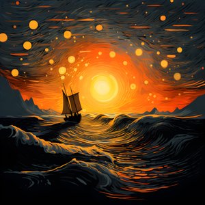 Tramonto, sole arancione-giallo, nuvole, cinque cerchi rotanti di nuvole in un grande cielo, onde puntiformi e nuvole del tramonto arancione-giallo che si riflettono sulle onde, una barca va verso il mare 1