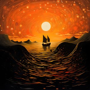 Tramonto, sole arancione-giallo, nuvole, cinque cerchi rotanti di nuvole in un grande cielo, onde puntiformi e nuvole del tramonto arancione-giallo che si riflettono sulle onde, una barca va verso il mare 2