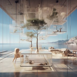 Edificio trasparente con il tavolo dell