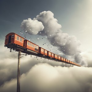un treno dei social media in rapido movimento che vola tra le nuvole appeso a un filo 1