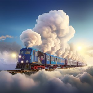 un treno dei social media in rapido movimento che vola tra le nuvole appeso a un filo 2