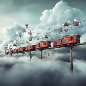 un treno dei social media in rapido movimento che vola tra le nuvole appeso a un filo 4