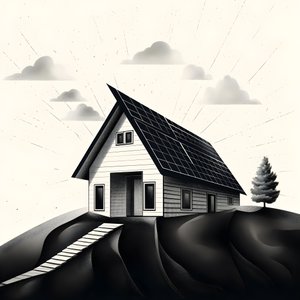 illustrazione di una casa con pannelli solari, con una grande freccia dietro che punta a destra e verso l