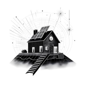 illustrazione di una casa con pannelli solari, con una grande freccia dietro che punta a destra e verso l