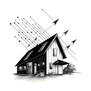 illustrazione di una casa con pannelli solari, con una grande freccia dietro che punta a destra e verso l