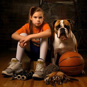 una bambina di 10 anni seduta in attesa con il suo cane tenendo una cartella con l