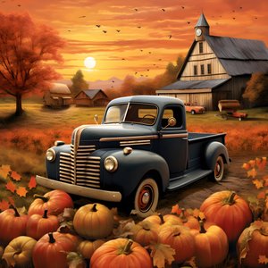 Un vecchio pickup in una serata autunnale al tramonto 1