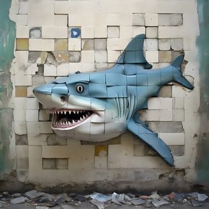 uno squalo blu con faccia dipinta su un vecchio muro 3
