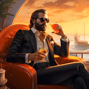 Un uomo ricco, ben vestito, seduto su una nave da crociera privata e beve un cocktail 4