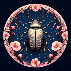 Illustrazione di uno scarabeo con funghi sullo sfondo 1