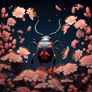 Illustrazione di uno scarabeo con funghi sullo sfondo 2