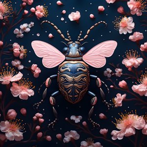 Illustrazione di uno scarabeo con funghi sullo sfondo 4