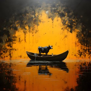 Una mucca in una barca su un lago 1