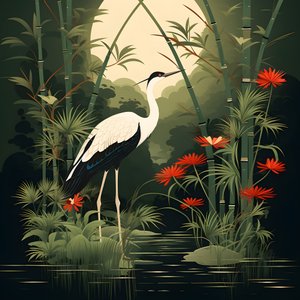 Una bella illustrazione giapponese di una gru e bambù 1